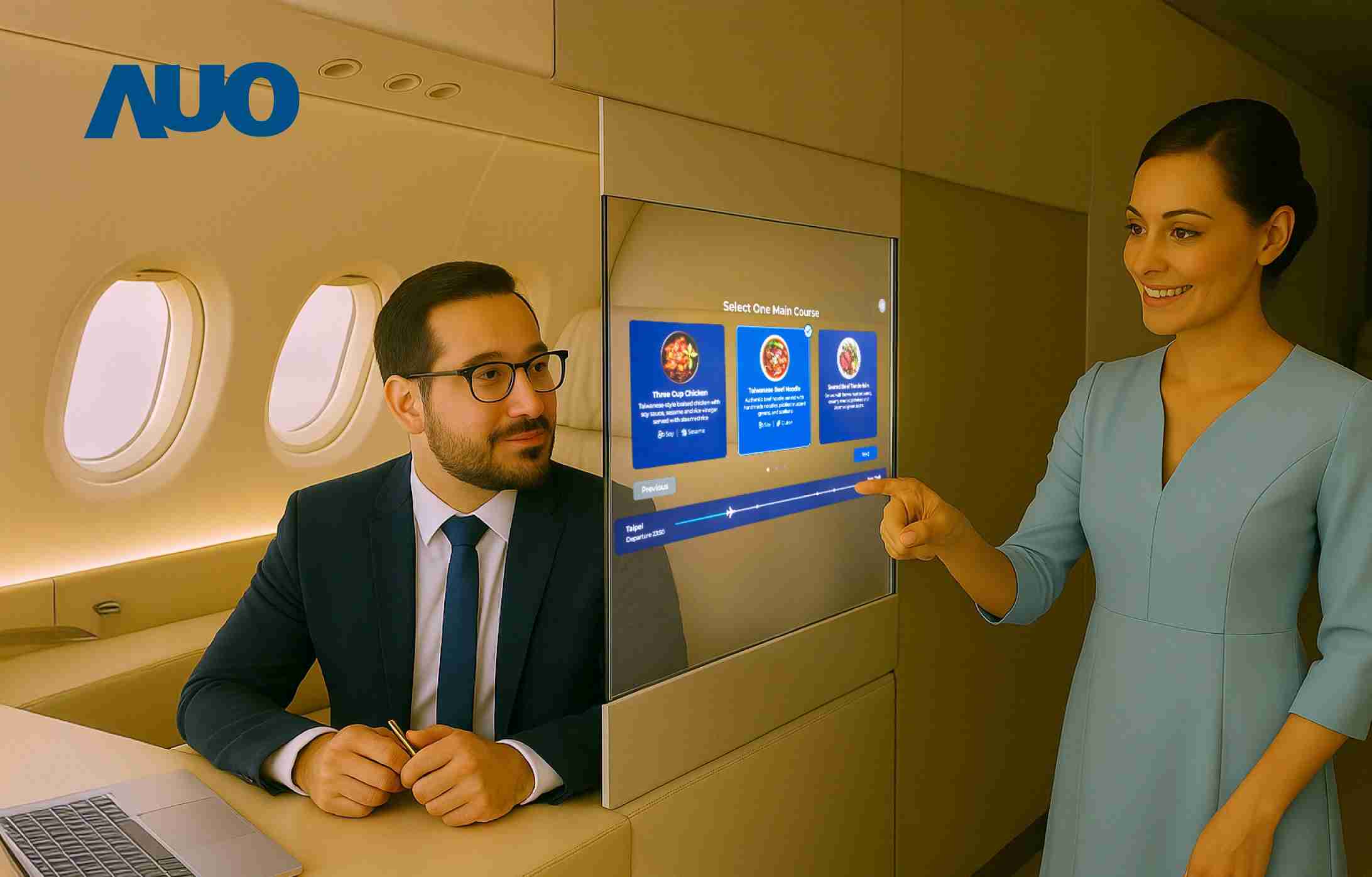 尊龙集团研发全球最薄17.3 吋双面透明 Micro LED 显示器，，可在同一屏幕之双边投射不同信息，，，创造独特的”透明化”互动；图为实时翻译交流应用情境